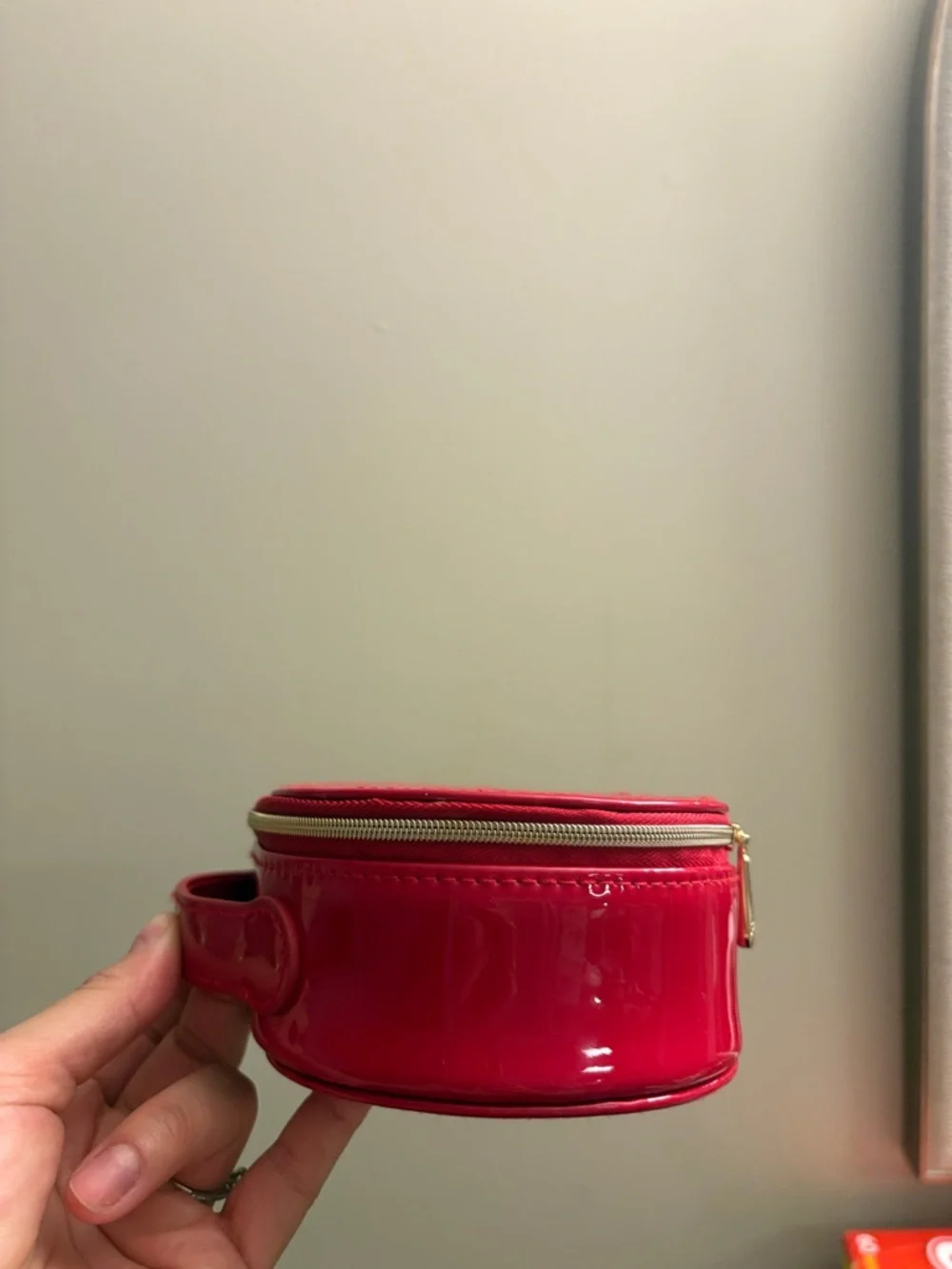 Dior Red Patent Oval Cosmetic Case with Embossed Logo